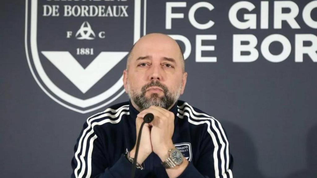 Gerard López, durante una rueda de prensa con el Girondins.