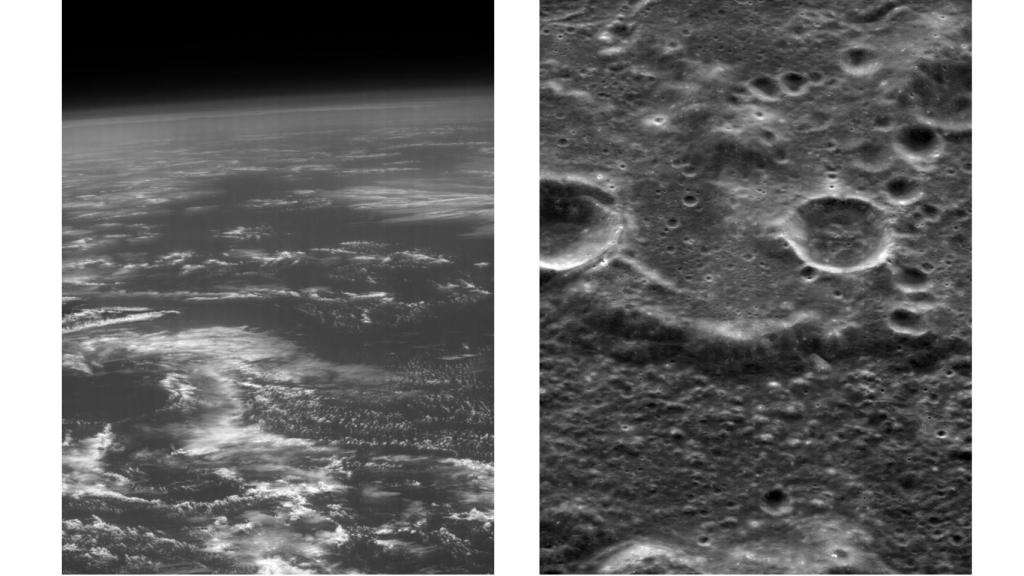 Izq: Isla de Hawái a la izq.  Drch: Cráteres lunares tomados borrosos en las pruebas