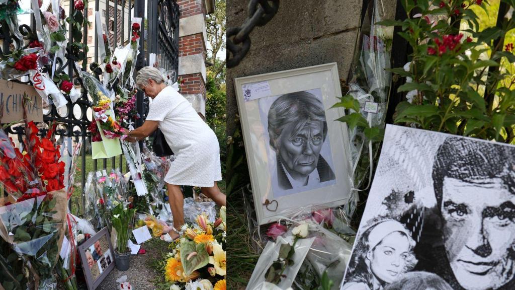 Dos imágenes de las fotografías y los ramos de flores que los fans de Delon han depositado a las puertas de su casa en Francia.