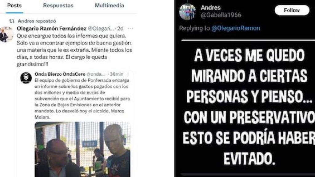 Imagen de la publicación del socialista Andrés Gabella en respuesta a un tuit del portavoz del partido en Ponferrada, Olegario Ramón