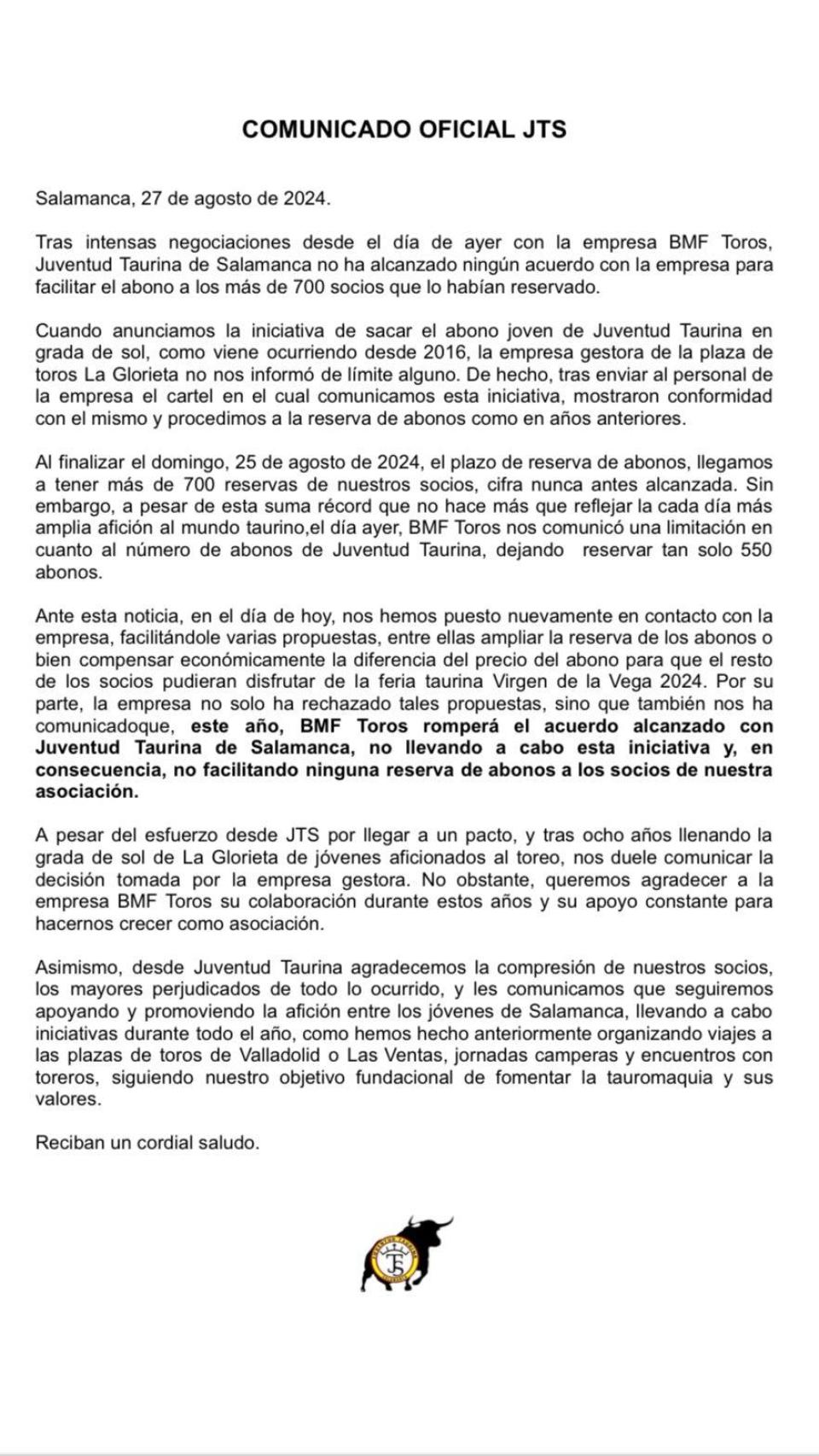 Comunicado de JTS