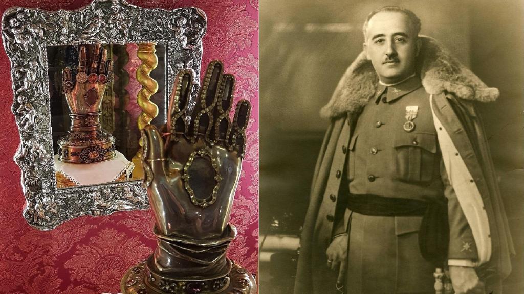 Montaje fotográfico de la mano incorrupta de Santa Teresa y un retrato de Franco.