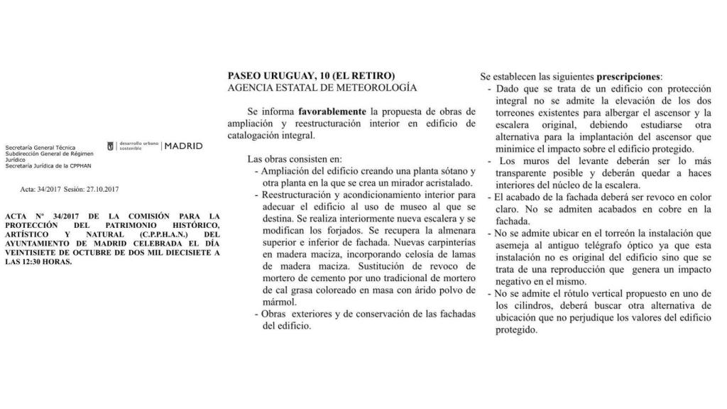Capturas del acta de 2017 en donde la Comisión para la Protección del Patrimonio Histórico aprueba la rehabilitación del Castillo del Retiro.
