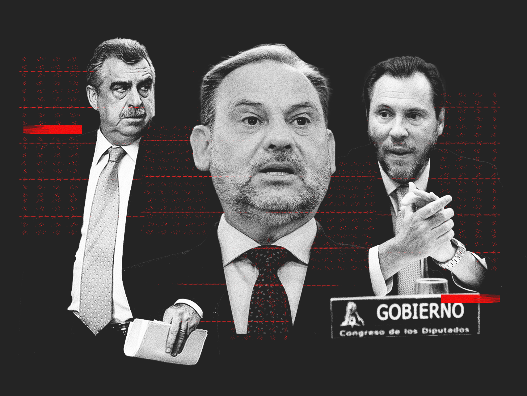 Fotomontaje con los rostros del juez Ismael Moreno, instructor del 'caso Koldo', José Luis Ábalos y el ministro Puente.