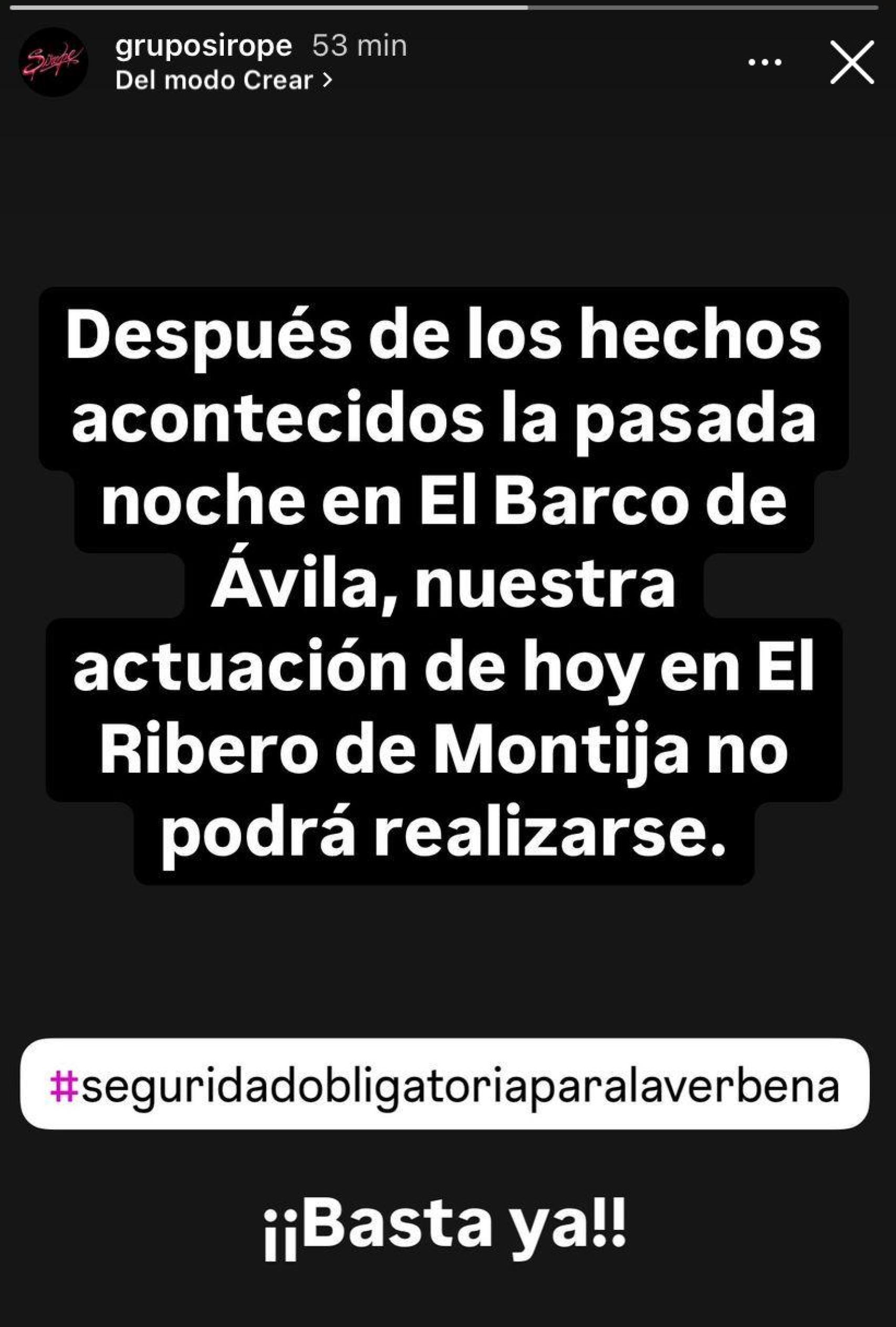 Una historia de Instagram de la orquesta de Ávila anunciando que no actuará en Burgos