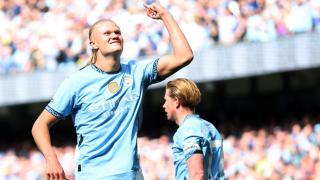 Haaland celebra uno de sus tres goles anotados ante el Ipswich.