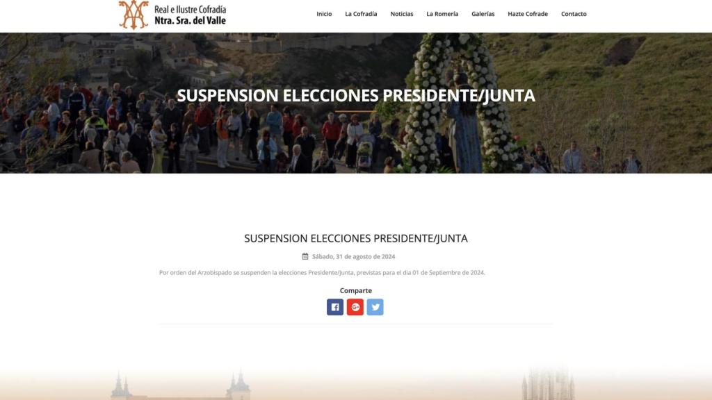 La web de la Cofradía de la Virgen del Valle ha publicado la suspensión de las elecciones.