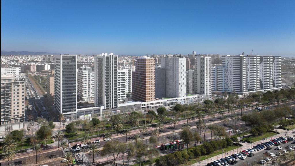 Imagen aérea de cómo será la promoción Barocci de AEDAS Homes en Valencia, frente al Hospital de La Fe.