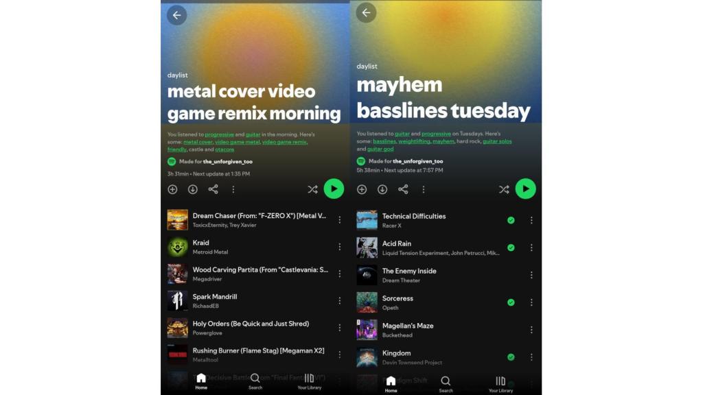 Dos ejemplos de listas generadas en Spotify por daylist
