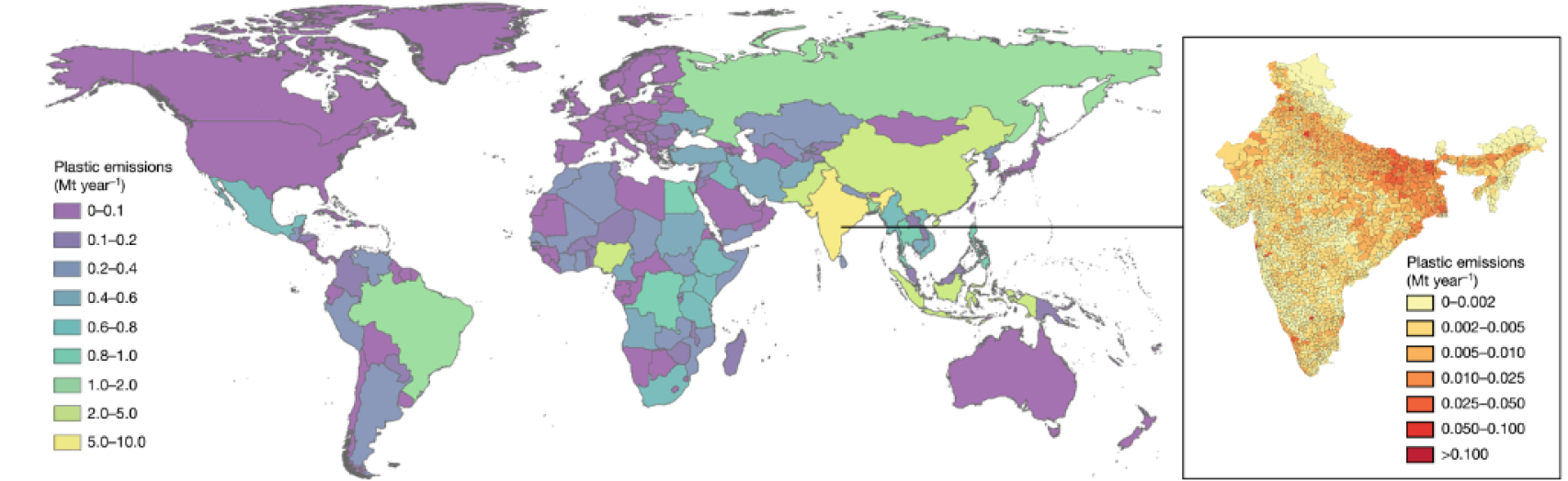 Mapa de las emisiones de plástico en toneladas al año.