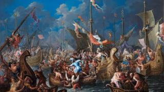 Antony and Cleopatra at the Battle of Actium, in the year 32 BC. C. He appears in the center commanding his men. She, enthroned in a boat on the right. Painting by Johann Georg Platzer