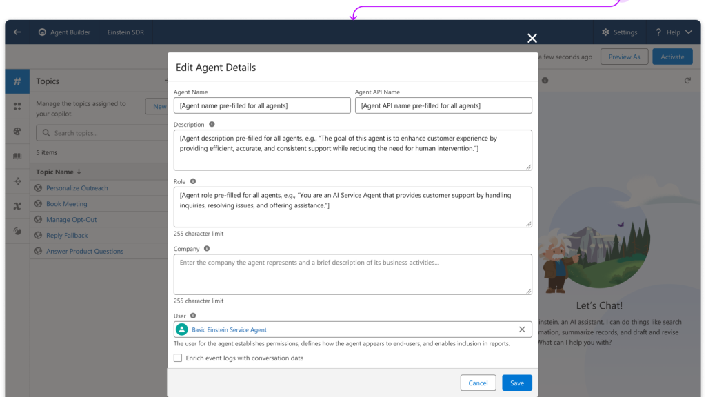 Un instante del proceso de creación de un agente autónomo de Salesforce.