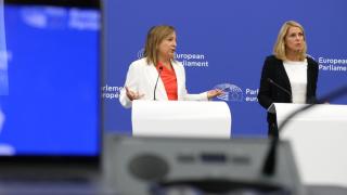 Iratxe García, la socialista española líder del grupo S&D en el Parlamento Europeo, en rueda de prensa.