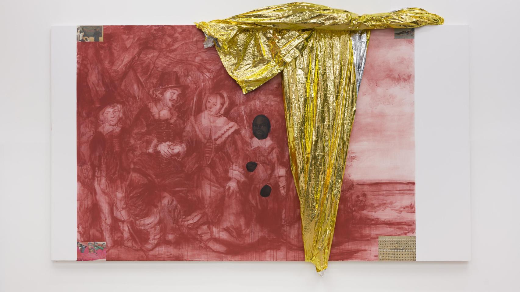 Sandra Gamarra: Máscaras Mestizas V (Retrato de niño y familia de fondo), 2024