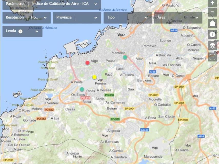 Mapa de Meteogalicia de la calidad del aire en Vigo.