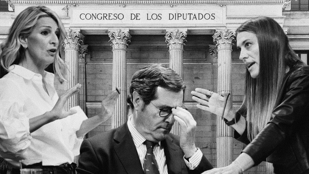 Yolanda Díaz, Antonio Garamendi y Míriam Nogueras.