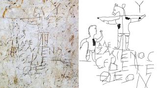 The original Alexamenos graffiti and a reproduction.