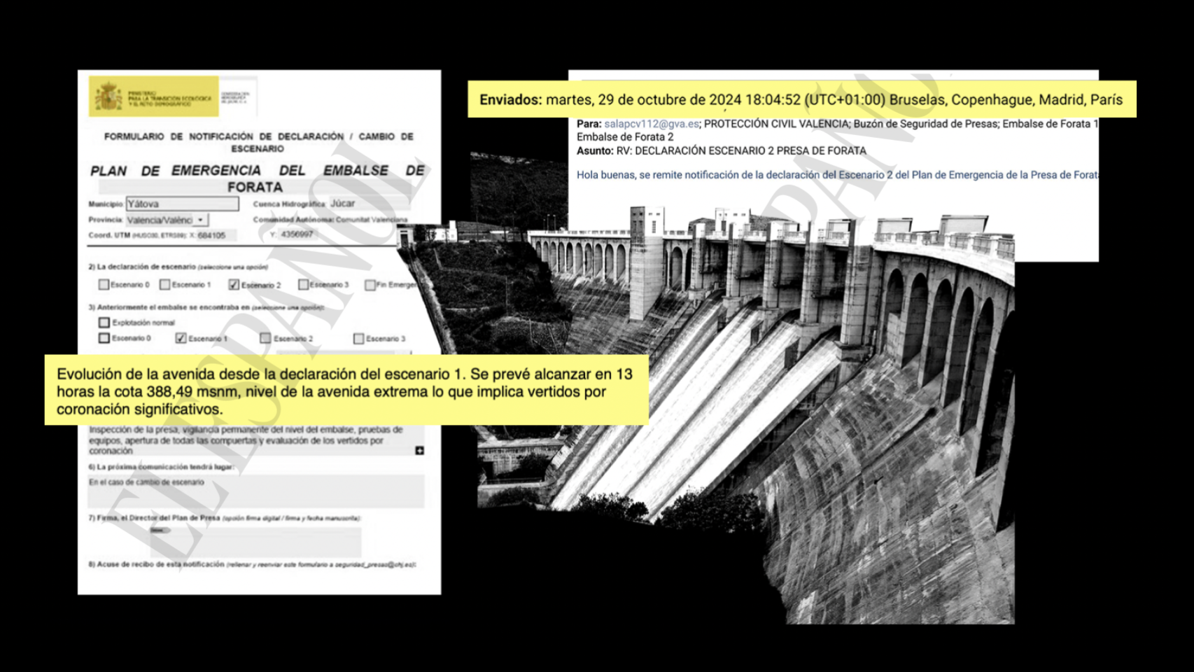 La Confederación notificó a las 18:04 que la presa de Forata tardaría 13 horas en desbordar pero lo hizo en 89 minutos