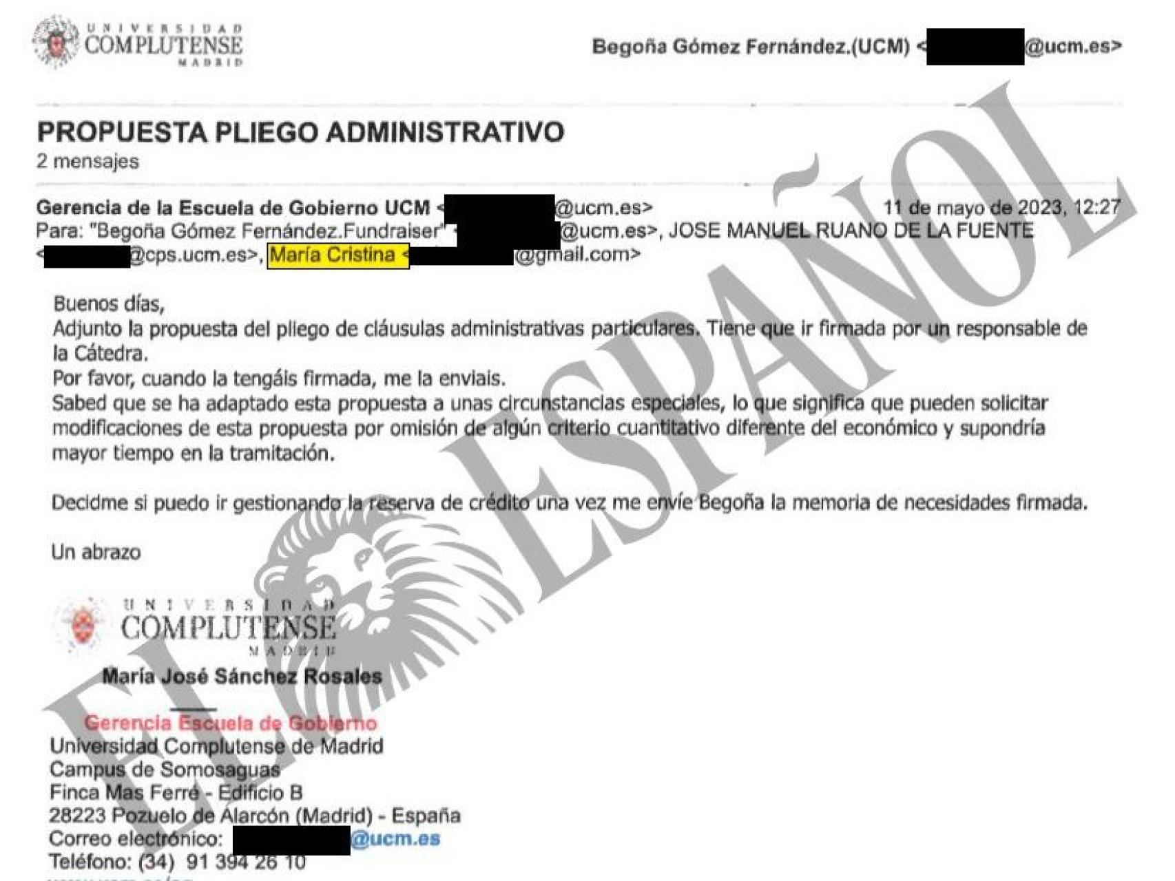 Uno de los 'mails' aportados por la defensa de Begoña Gómez al juez.