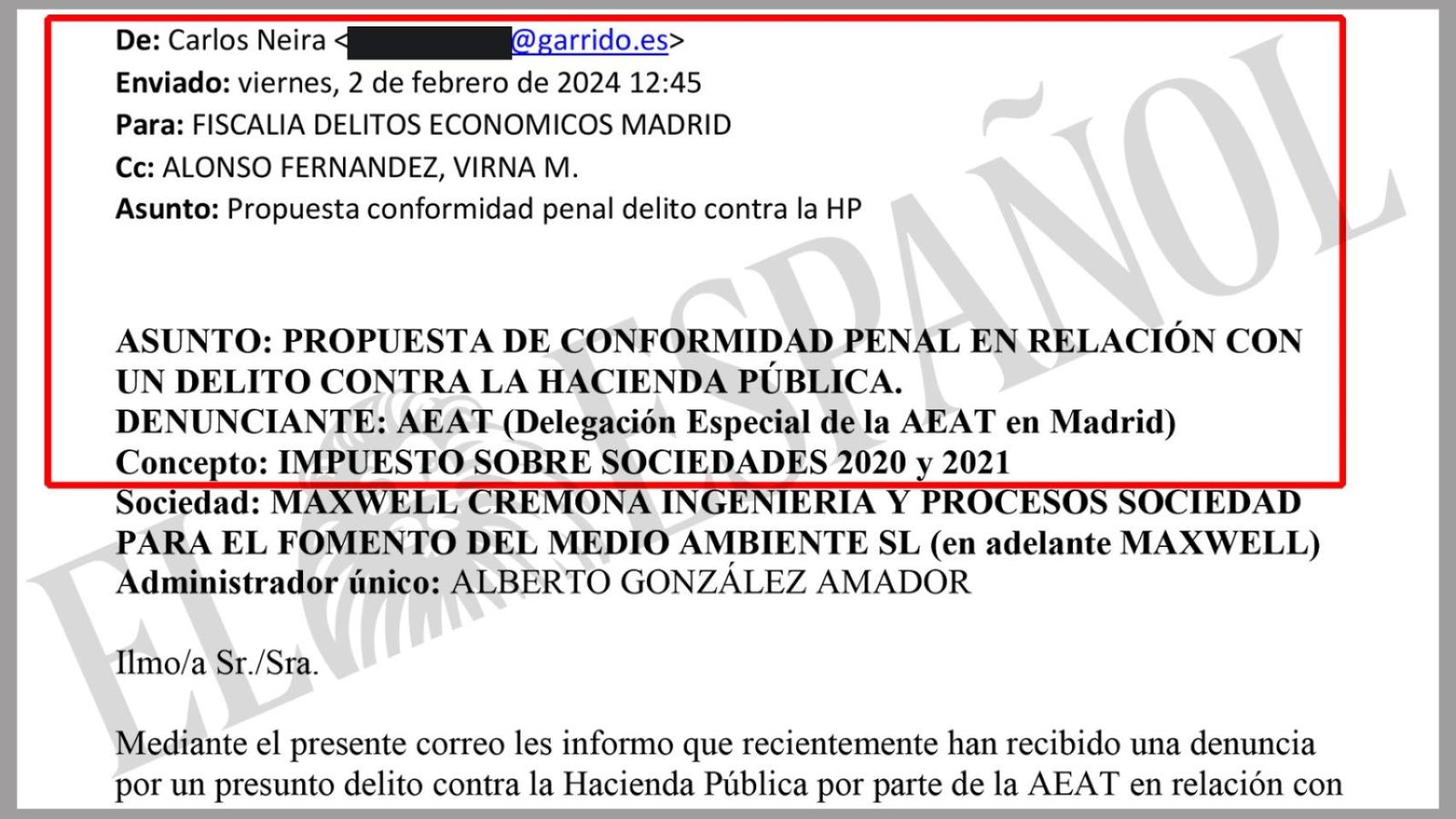 Correo original del abogado del novio de Ayuso. El recuadro rojo indica la parte cortada./