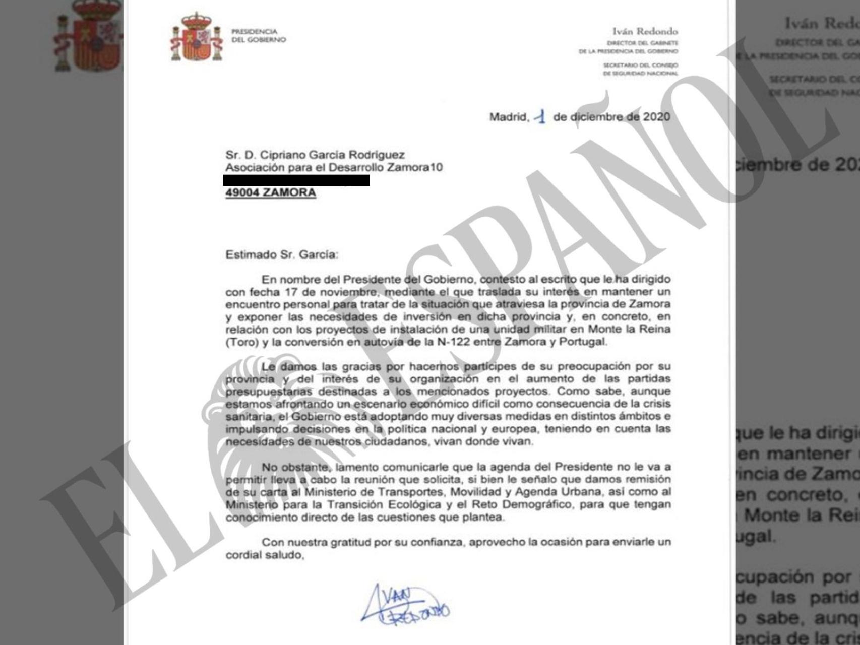 La carta firmada por Iván Redondo y aportada por Aldama al Supremo.