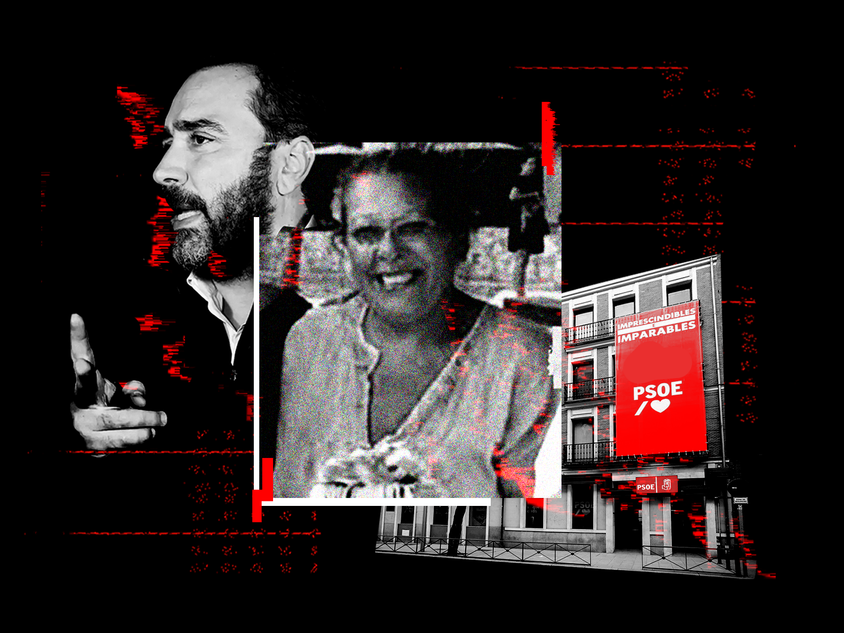 Víctor de Aldama, Carmen Pano y la sede del PSOE en una ilustración.