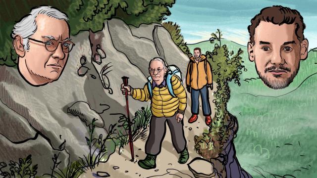 Ilustración de Isak Andic y su hijo Jonathan durante el paseo por el sendero de 'Les figueretes', en Montserrat.