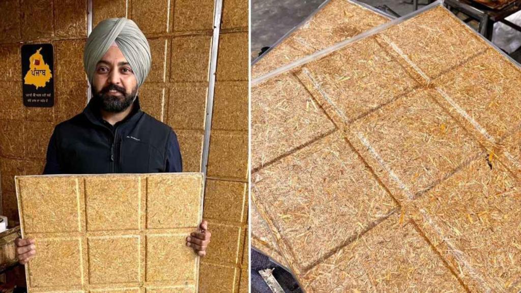 Parminder Singh sujetando una de sus baldosas aislantes.