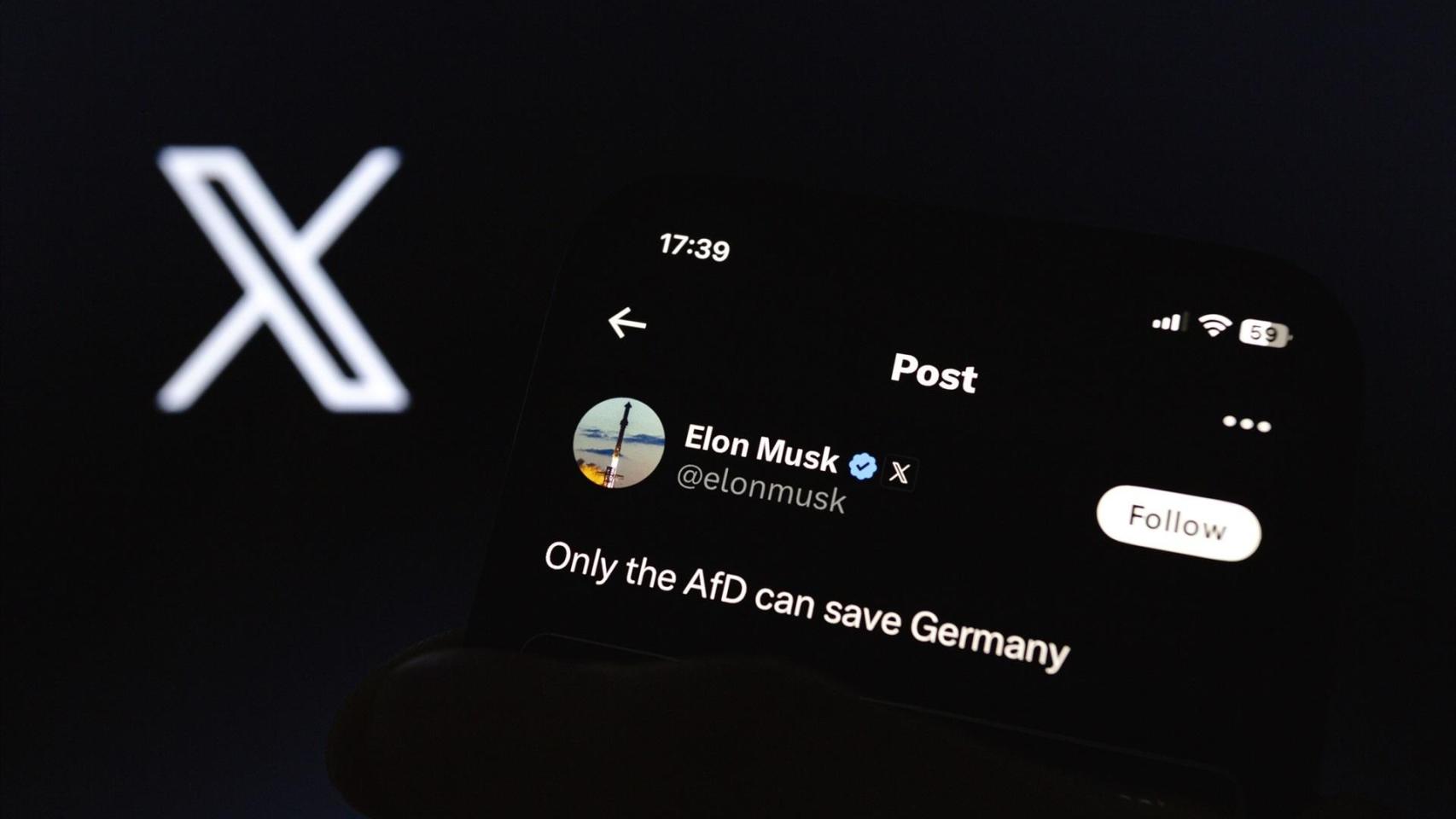 Detalle de un tuit de Elon Musk en la red social 'X' donde defiende al partido ultraderechista alemán AfD.