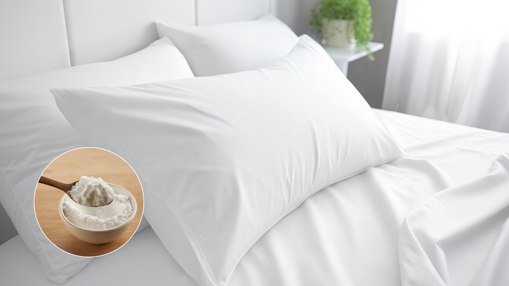 Cama con juego de almohadas blancas.