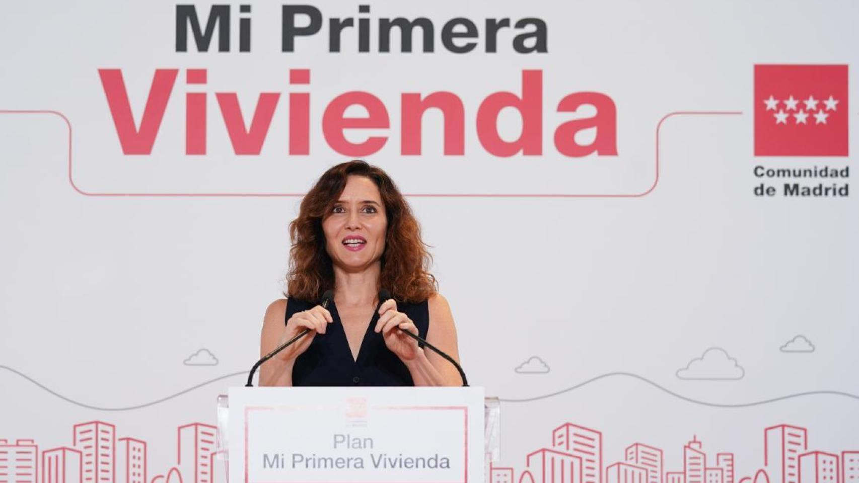 Isabel Díaz Ayuso este mes de julio durante la presentación del plan Mi Primera Vivienda.