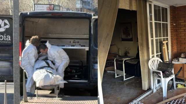 El cuerpo de uno de los fallecidos en el incendio y la vivienda quemada.