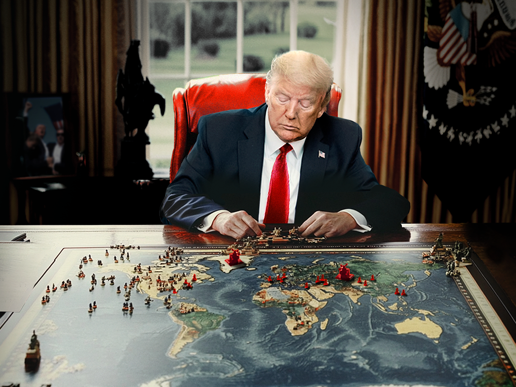 Ilustración de Donald Trump jugando al Risk en el Despacho Oval