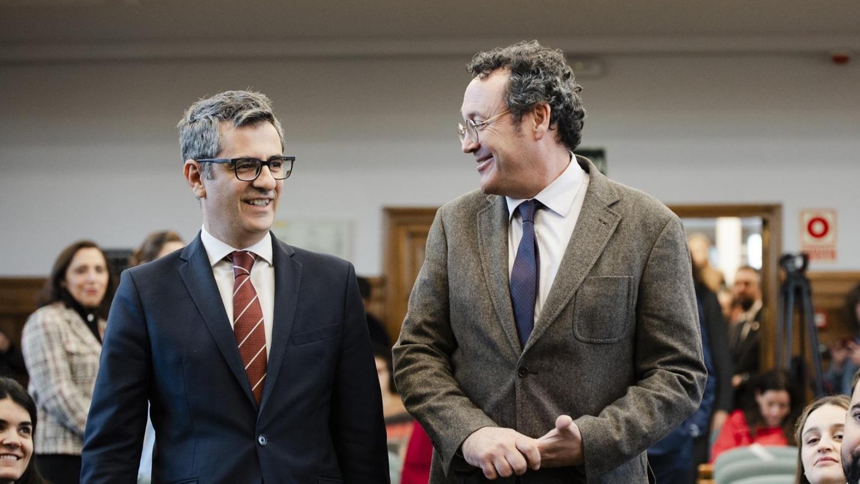 El ministro de la Presidencia, Félix Bolaños, junto al fiscal feneral del Estado, Álvaro García Ortiz, en el Centro de Estudios Jurídicos.