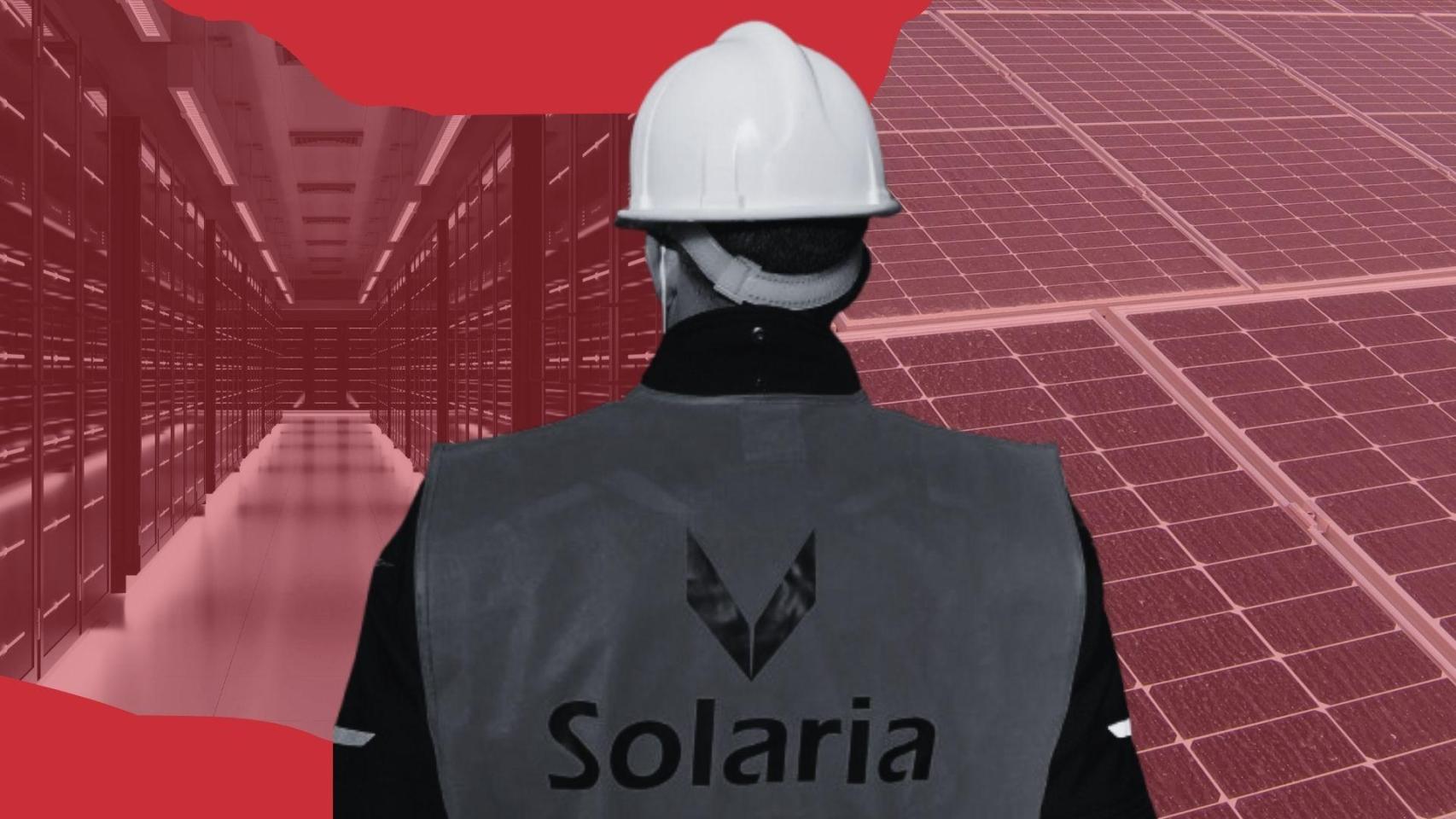 Montaje de un operador de Solaria con un centro de datos y unos paneles solares de fondo.