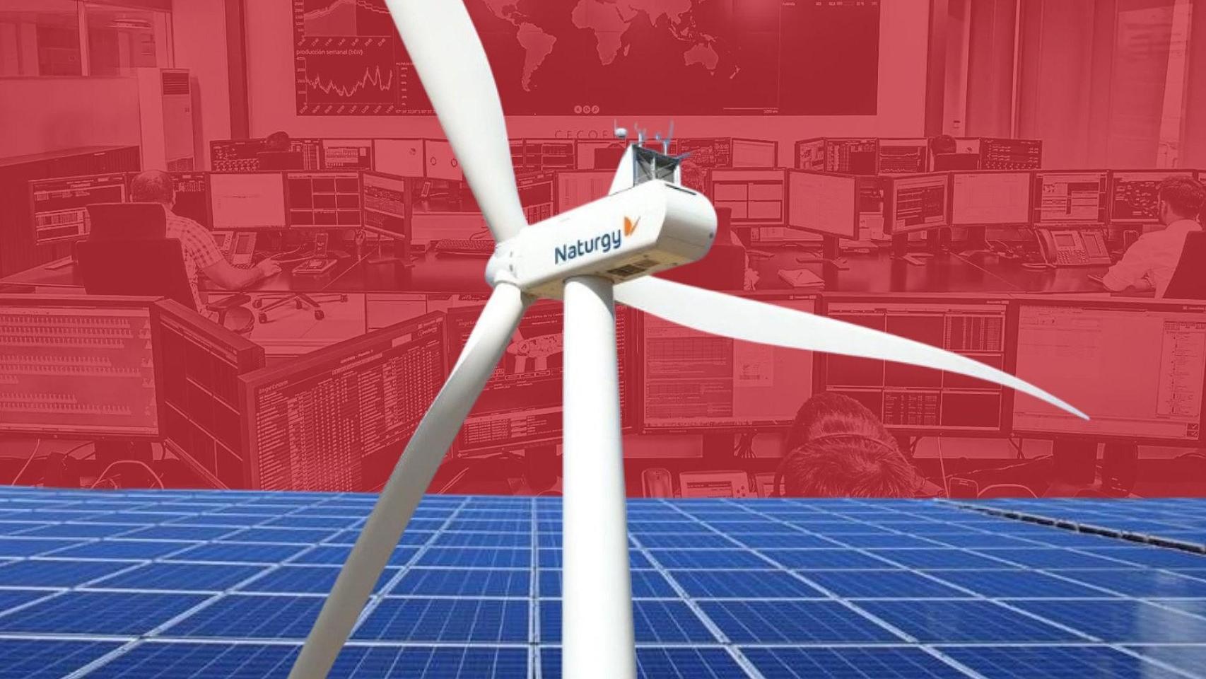 Fotomontaje de un aerogenerador y paneles solares de Naturgy con un centro de control de renovables de fondo.