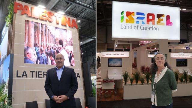 A la izquierda  Majed Ishaq, director general de marketing del ministerio de turismo de Palestina. A la derecha Dolores Pérez, directora de la oficina israelí de turismo para España y Portugal, este domingo en Fitur..
