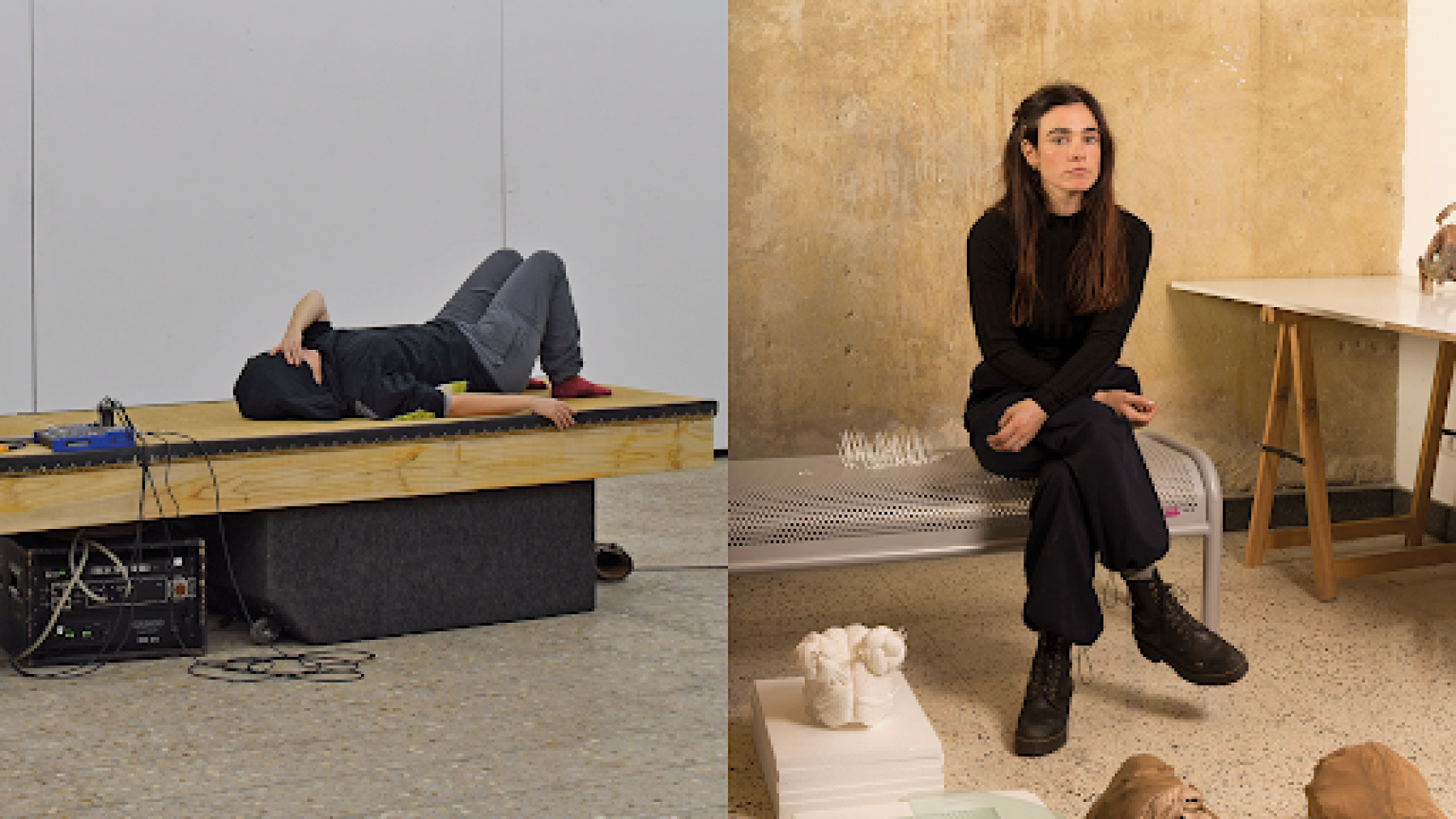 Clara Montoya en la pieza '40 Hz', 2024. Foto: Olivier Dupont / Clara Montoya. A la izquierda, retrato de Nora en su estudio, 2024. Foto: Nora Aurrekoetxea / Ander Agastiberri