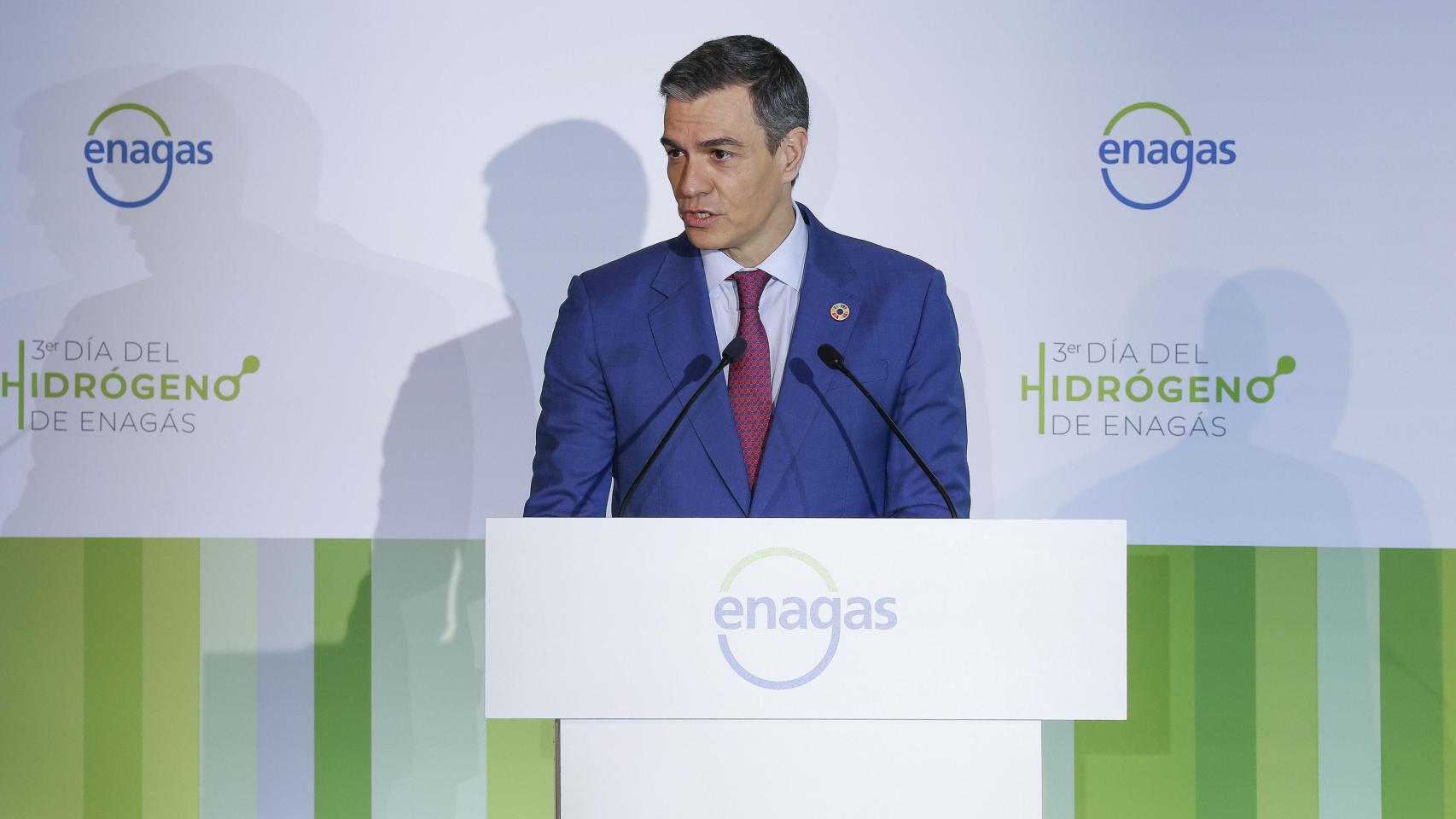 El presidente del Gobierno, Pedro Sánchez, presenta el Tercer Día del Hidrógeno de Enagás este miércoles en Madrid.
