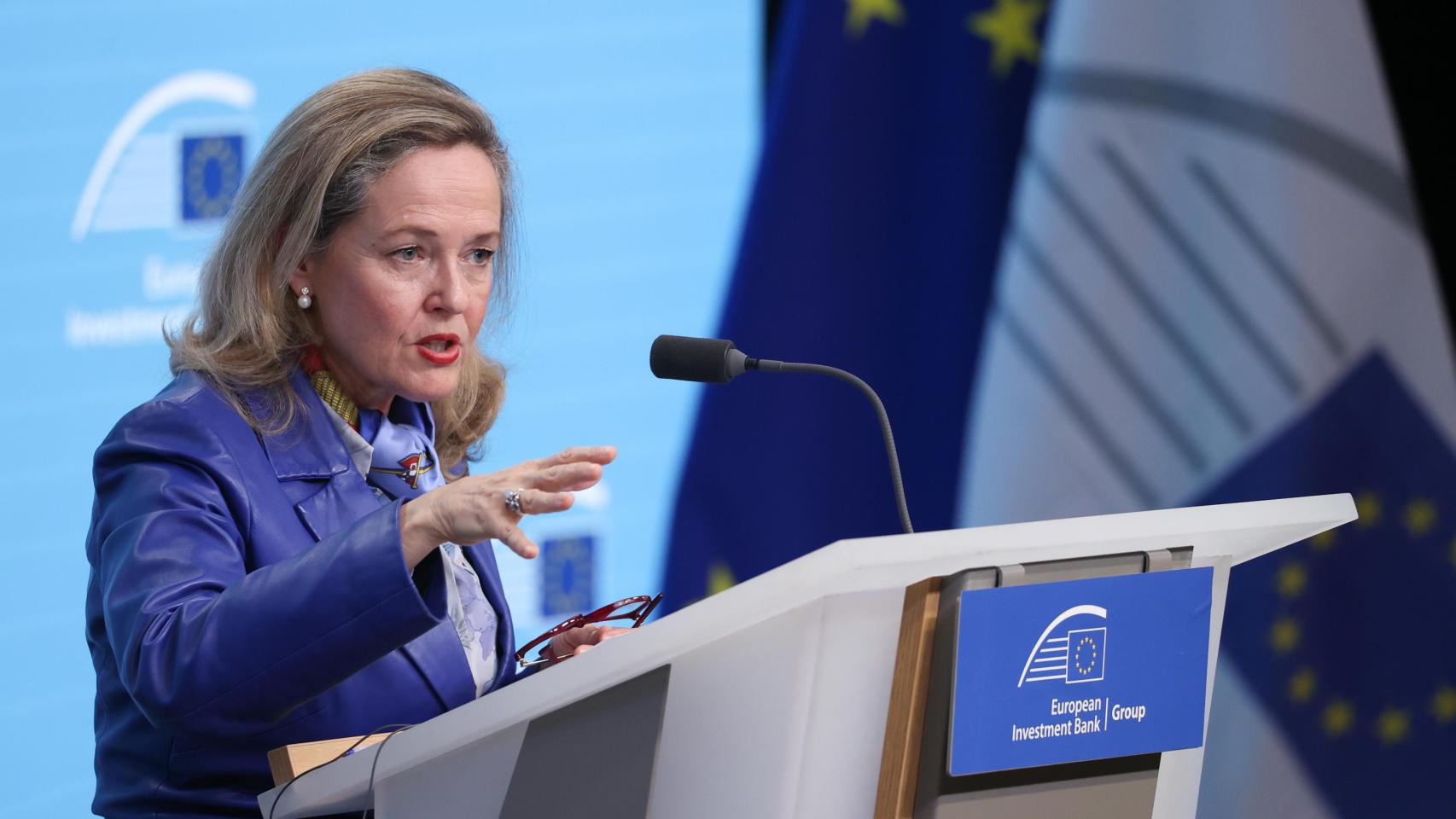 La presidenta del BEI, Nadia Calviño, durante la rueda de prensa de presentación de resultados del organismo.