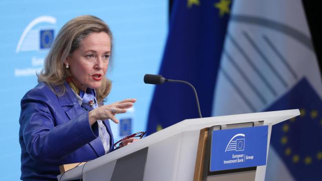 La presidenta del BEI, Nadia Calviño, durante la rueda de prensa de presentación de resultados del organismo.