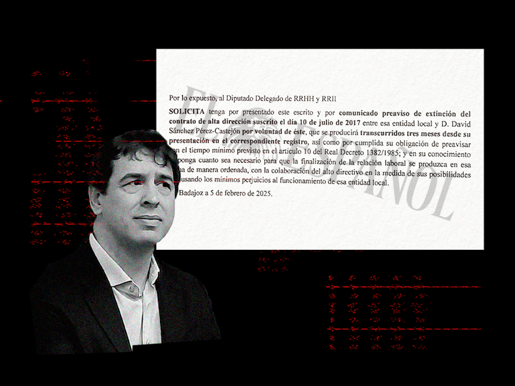 Fotomontaje con el rostro de David Sánchez, hermano de Pedro Sánchez, y su carta de renuncia.