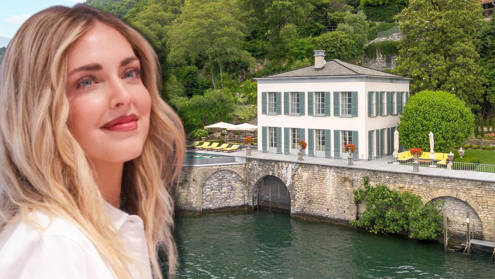 Chiara Ferragni junto a su casa en el Lago de Como, en un montaje de JALEOS.