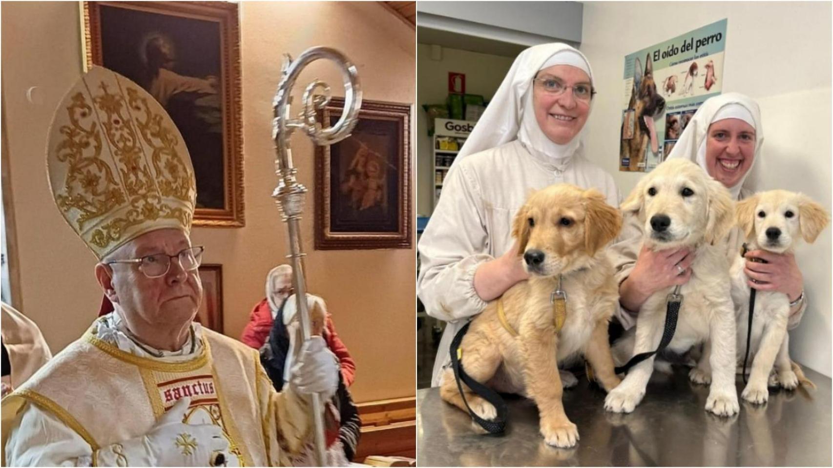 A la izquierda, el nuevo obispo. A la derecha, las monjas con sus perros en una imagen de archivo.