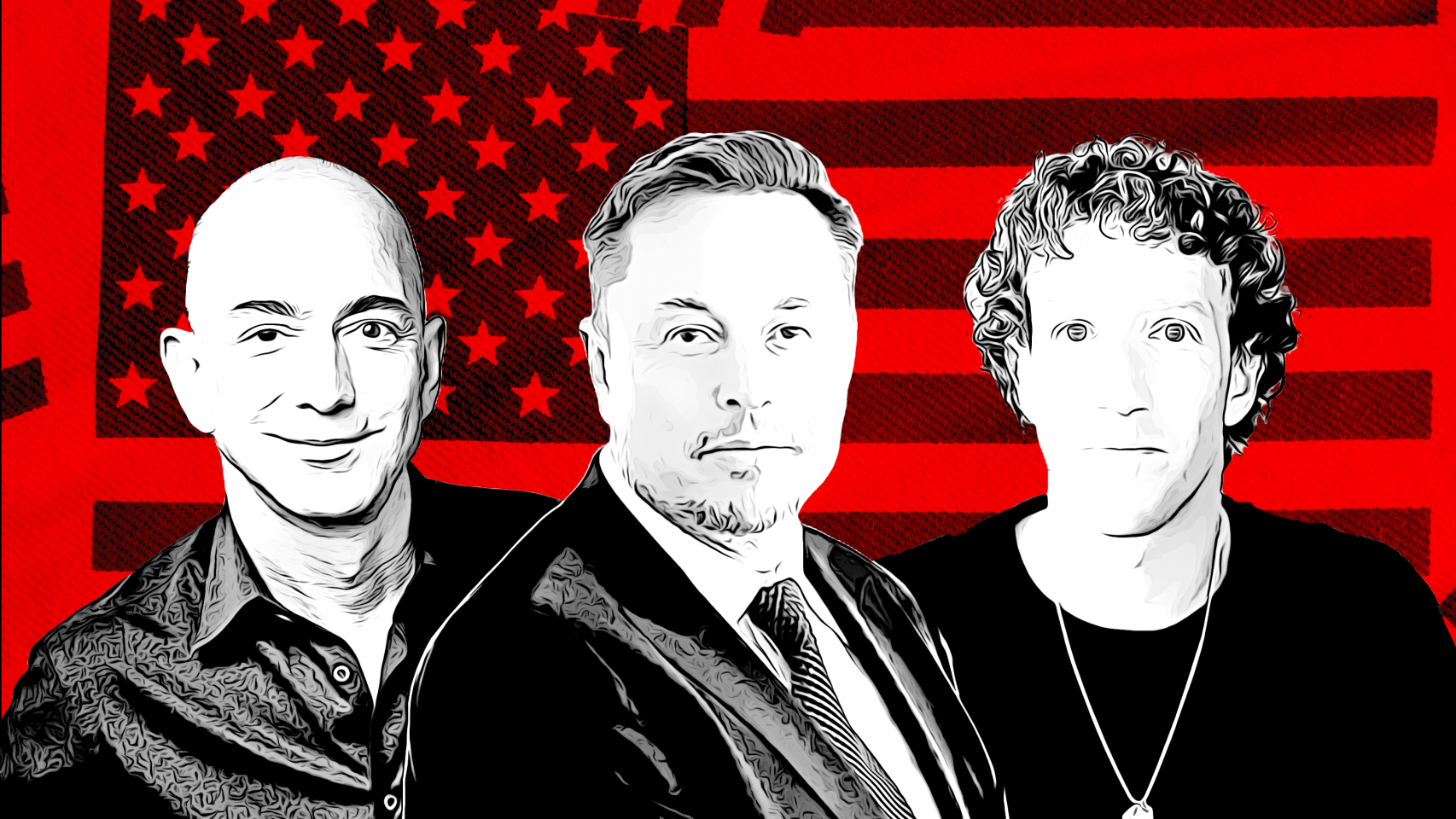 Jeff Bezos, Elon Musk y Mark Zuckerberg. Montaje: Rubén Vique