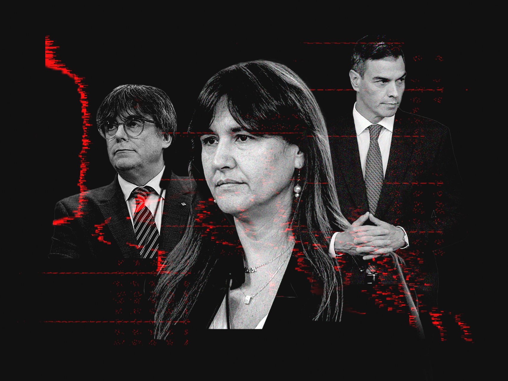 Ilustración donde aparecen, de izquierda a derecha, Carles Puigdemont, Laura Borràs y Pedro Sánchez.