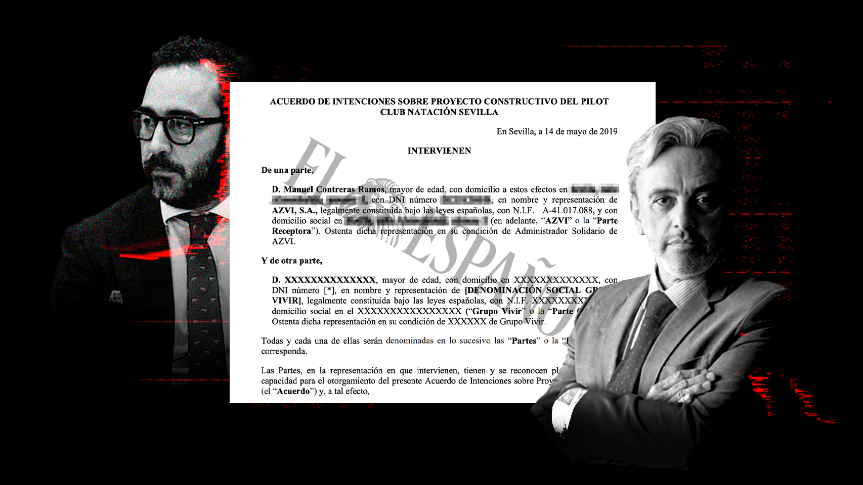 Víctor de Aldama y Manuel Contreras, presidente de Azvi, en un fotomontaje con el contrato presentado en el Tribunal Supremo.