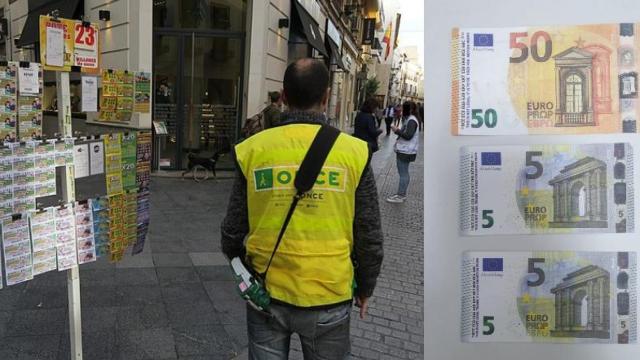 Una imagen de un vendedor de la ONCE, junto a algunos de los billetes falsos que ha intervenido la Guardia Civil en Carballo.