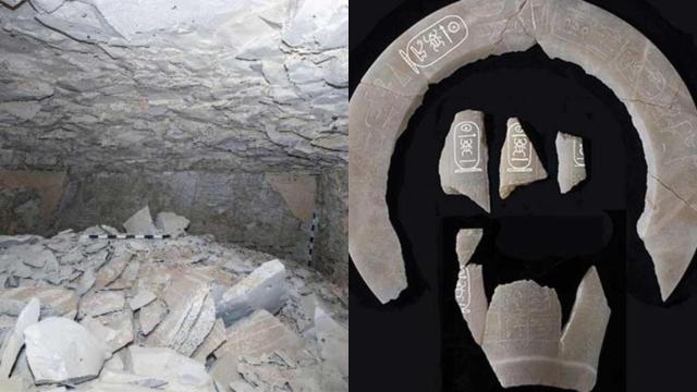 A la izquierda, el mausoleo descubierto por el equipo anglo-egipcio. A la derecha, fragmentos de vajilla de alabastro con inscripciones. Foto: Ministry of Tourism and Antiquities