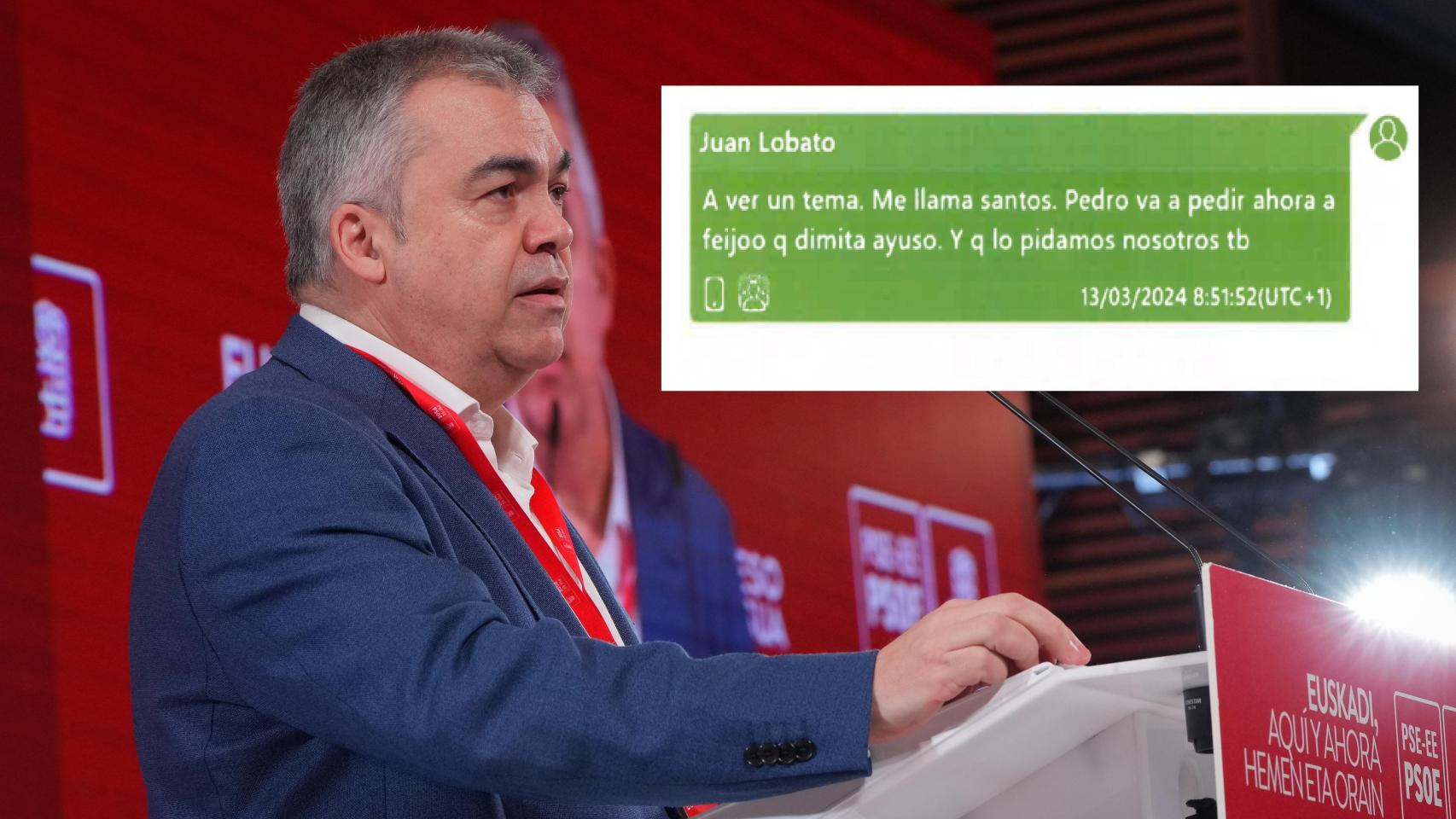 Fotomontaje con una imagen reciente de Santos Cerdán y un 'wasap' de Lobato del 13 de marzo de 2024, reconociendo una llamada con él.